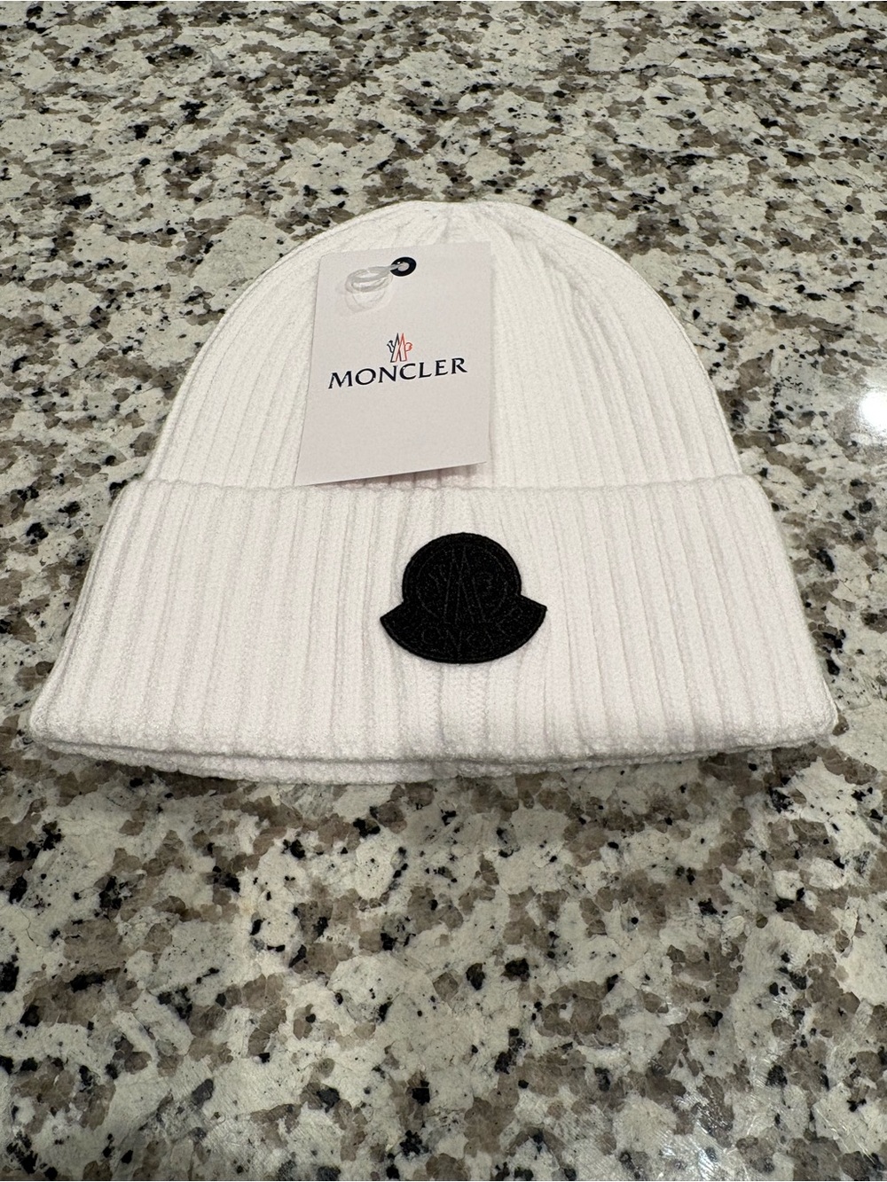 Moncler White Ribbed Knit Cuffed Beanie with Black Logo